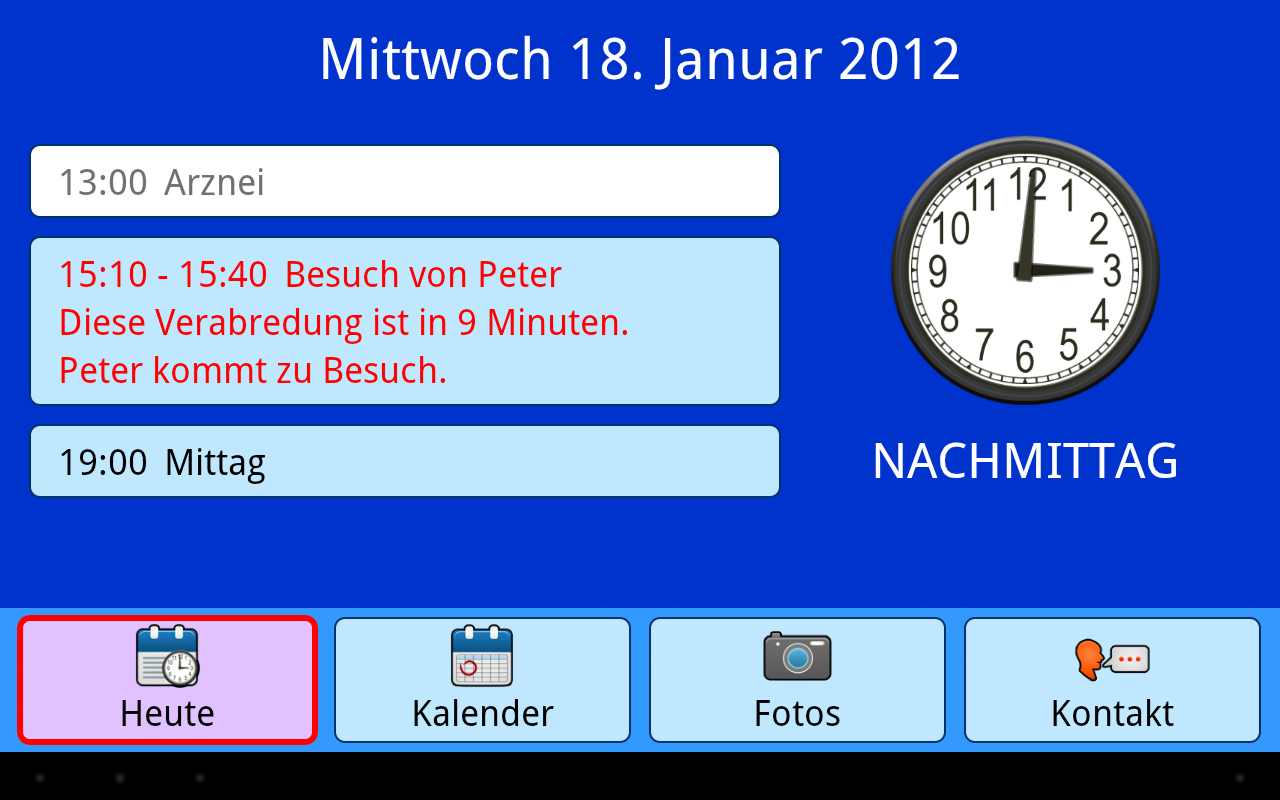 Screenshot of functionality Today in German